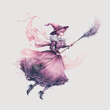  A Woman In A Dress And Hat Flying With A Broom In Her Hand And A Pink Smoke Trail Behind Her, On A White Background.  Generative Ai