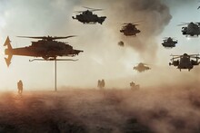 Military Forces & Helicopters Between Smoke And Dust At Battlefield.. Generative AI