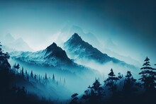 A Blue Mountain Painting, A Beautiful Landscape Hand Painting In Generative Ai Image Design