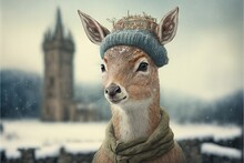  A Deer Wearing A Hat And Scarf In The Snow With A Castle In The Background In The Snow With A Scarf Around Its Neck And A Scarf Around Its Neck.  Generative Ai