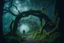  A Man Walking Through A Forest Filled With Trees And Moss Covered Branches, With A Dark Background And A Person Standing In The Middle Of The Forest.  Generative Ai