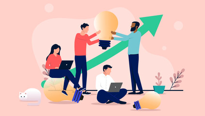 Fototapete - People brainstorm - Team of businesspeople brainstorming and working together on coming up with ideas in office workplace with light bulbs. Flat design vector illustration