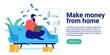 Make money from home - Person sitting in sofa with laptop cross legged earning money from online work. Flat design vector illustration with white background and copy space for text