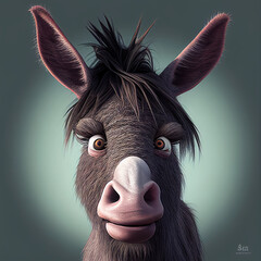 Wall Mural - Fluffy donkey cute caricature close up, generative ai 