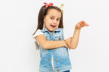 cute little girl in a white T-shirt on a white background.