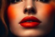 Beautiful woman with bright red lips and makeup close-up. Not a real person, made with Generative AI