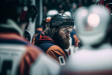 Wall Mural - Athlete in action. Professional hockey player in the helmet and gloves on ice. Ice hockey rink arena. Sports emotions. Dramatic wide shot, cinematic lighting. Generative AI