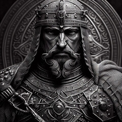 Wall Mural - Metal engravings with intricate details of medieval knight portrait. Generative Ai.