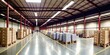 © G-IMAGES - Warehouse with endless pallets of boxes and storage, robots and people working, massive factory facility, ai generated.