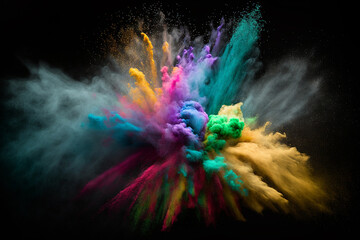 Wall Mural - explosion of multicolored dust on black background. generative ai.