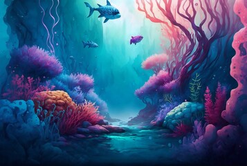 Colorful cartoon ocean background with blue water fishes and algae in a watercolor style.AI generated.