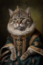 A Cute Cat Wearing A Regal Dress. Pet Portrait In Clothing