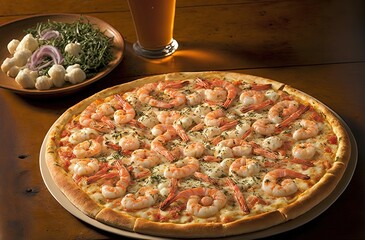 Wall Mural - illustration of huge close-up homemade style pizza with full topping, Shrimp Scampi pizza  Generative Ai