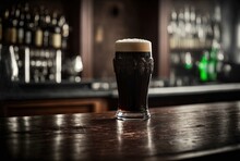 Illustration Of A Glass Of Dark Beer On Wooden Counter In Dramatic Atmosphere