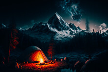 A Night Time Shot Of A Small Tent Pitched On A Clearing Surrounded By Alpine
