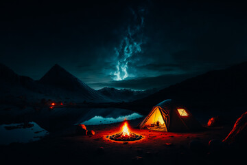 Canvas Print - A peaceful and idyllic shot of a minimalist camping setup in the mountains