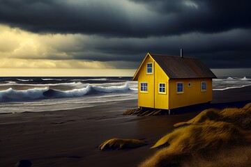 Wall Mural - a yellow house sitting on top of a sandy beach