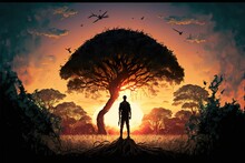 A Man With A Gun Near A Tree On The Background Of Sunset