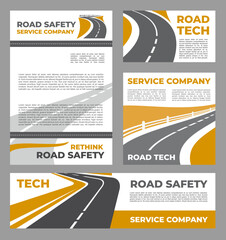 Wall Mural - Safety roads service industry posters. Speed highway safety leaflets or information flyers, motorway asphalt service company vector banners with road lines