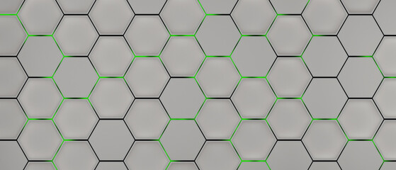 Wall Mural - Bright metal hexagon with green beam background, 3d render illustration.