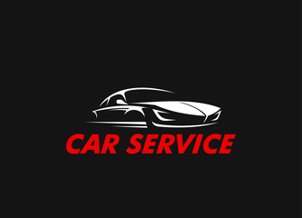 Wall Mural - Car service, automobile repair garage station icon. Vehicle maintenance service center, car mechanic workshop vector emblem or symbol with modern luxury auto white silhouette and typography