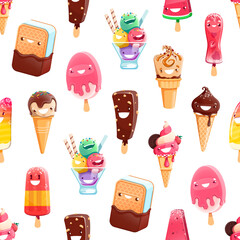 Cartoon ice cream characters seamless pattern. Vector background with icecream dessert personages. Kawaii fruit ice, popsicle, sandwich, waffle cone, gelato and eskimo cold summer food