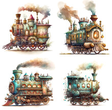 Set Of Whimsical Cute Cartoon Ornate Vintage Train Locomotives, Isolated On White. Digital Watercolor Illustration