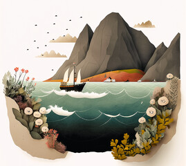 Wall Mural - Landscape with sea, mountains and ships. Calm soft colors, printable illustration