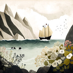 Wall Mural - Watercolor seascape with ship, flowers and mountains. Calm soft colors, printable illustration