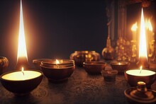 Candle Burns On The Altar, Powerful Magic Among Candles, Pagan Or Wicca Concept. Generative AI