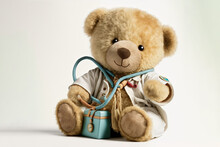 Cute Image Of The Teddy Bear Doctor With A Stethoscope On Clean Background. Generative AI.