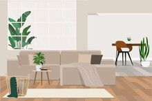 Vector Illustration Modern Interior Of Open Space With Modular Sofa, Furniture, Coffee Table, Plaid, Pillows, Plants.