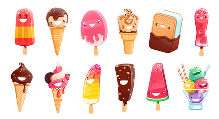 Wall Mural - Cartoon ice cream dessert characters. Isolated vector fruit ice, waffle cone, popsicle, sandwich, gelato kawaii personages. Cold summer food, frozen bars and balls. Sweet tasty ice cream personages