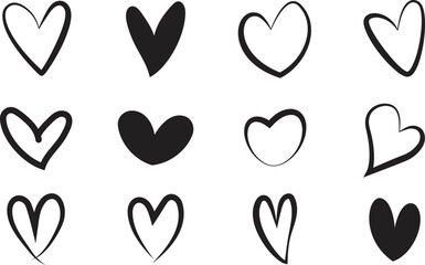 Set of Black hand-drawn hearts icons. Element for Valentine's day. Vector illustration.