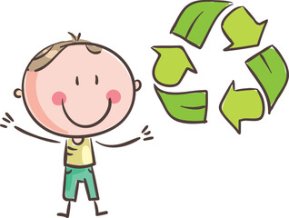 Wall Mural - Illustration of a cartoon happy kid and recycling sign, Ecological concept, saving earth.