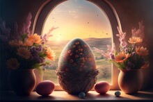 Beautiful Birds Sitting In Stick Nest With Small Decorated Eggs On Background Of Blooming Flowers And Abstract Florals And Window. Easter Holiday Design.