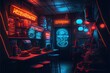 Cyberpunk ramen shop interior with neon signs.
Digitally generated AI image.