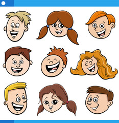 Poster - cartoon children and teenagers characters faces set
