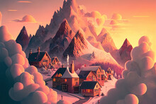 Sunset In A Snowy Mountain Village. Generative AI.