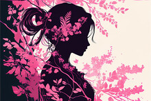 Silhouette Of A Young Girl Surrounded By Flowering Trees And Flowers. Black And Pink. Generative AI
