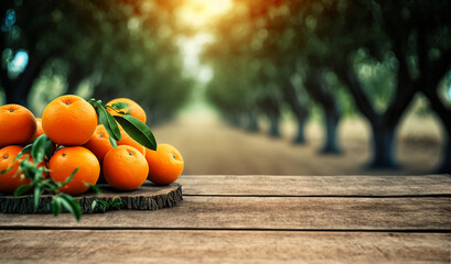 Wooden table orange garden and blurred background. Generative AI,