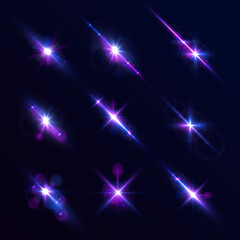 Canvas Print - Blue glow star burst flare explosion light effect. Purple lights star, sun rays, violet sparks sparkle. Bright glitter glare bokeh. Set of transparent light streak and lens flares. Neon flare. Vector