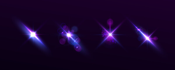 Aufkleber - Blue glow star burst flare explosion light effect. Purple lights star, sun rays, violet sparks sparkle. Bright glitter glare bokeh. Set of transparent light streak and lens flares. Neon flare. Vector