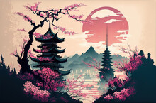 Traditional Japanese Landscape Painting Of Cherry Blossoms, Bamboo, And Pagodas Illustration