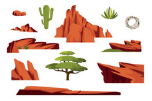 Set Of Beautiful Desert Rocks In Cartoon Style. Vector Illustration Of Constructor With Mountains, Sheer Cliffs, Stones, Trees, Cacti, Tumbleweeds, Weeds On White Background.