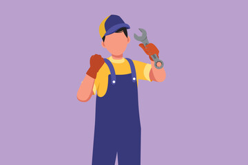 Wall Mural - Character flat drawing mechanic holding wrench with celebrate gesture and ready to perform maintenance on vehicle engine or transportation. Success garage business. Cartoon design vector illustration