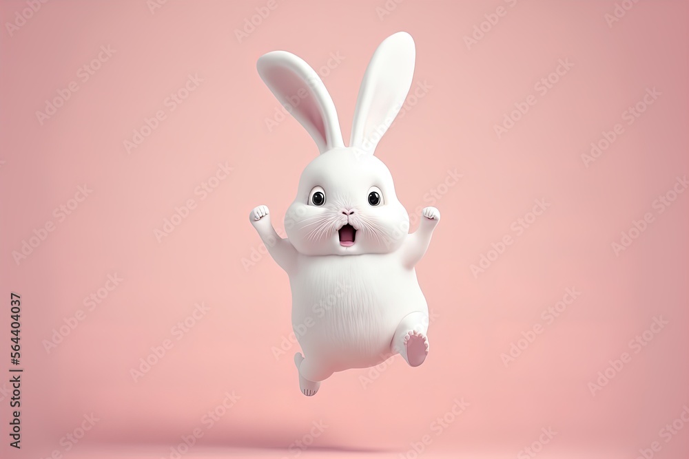Cute cartoon AI generated happy bunny character jumping on pink ...