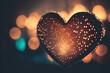 Light speckled heart on a dark bokeh background. Made with AI generative technology.