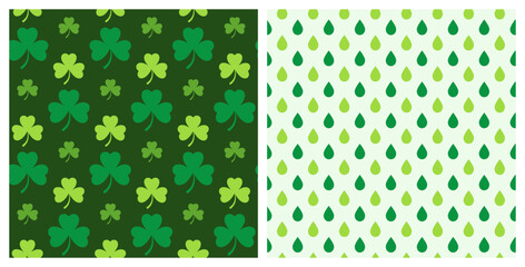 St. Patrick’s Day set of two seamless decorative pattern of clover leaves and green raindrops. Hand drawn design for St. Paddy's day celebration, party decoration, wallpaper, scrapbooking, textile.