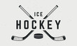 Ice Hockey logo, poster. Vintage hockey emblem with crossed hockey cues. Logo template for team, club, tournament. Vector illustration